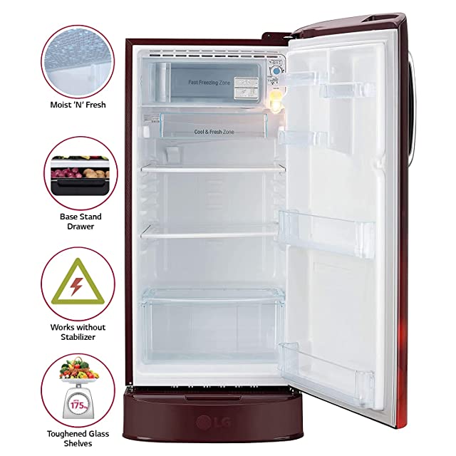 LG 190 L 4 Star Inverter Direct-Cool Single Door Refrigerator (GL-D201ASCY, Scarlet Charm, Base stand with Drawer)