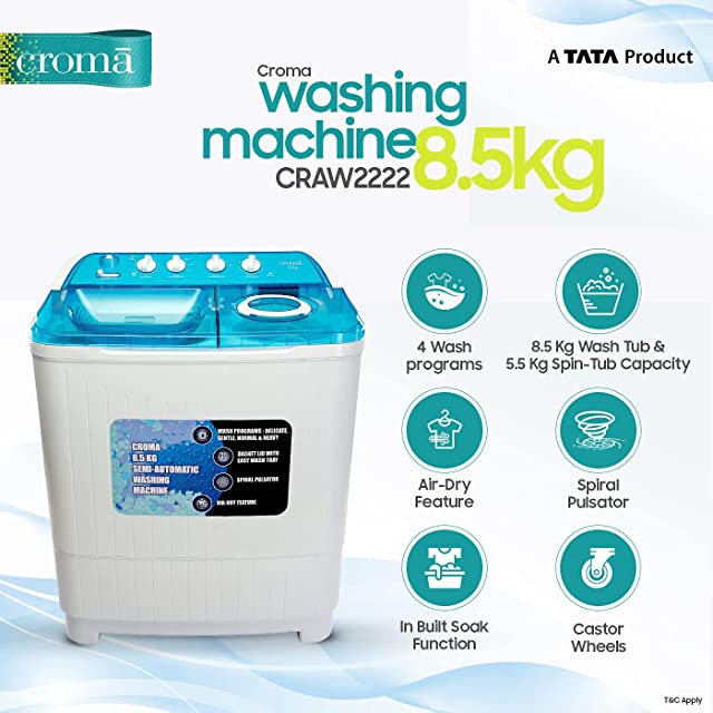 Croma 8.5 kg 5 Star Semi Automatic Top Load Washing Machine with 2 Years Comprehensive Warranty (CRAW2222, White)