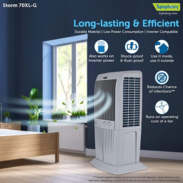 Symphony Storm 70 XL Desert Air Cooler For Home with Honeycomb Pads, Powerful Fan, i-Pure Technology and Low Power Consumption (70L, Grey)