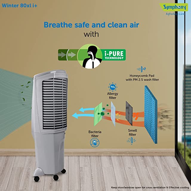 Symphony Winter 80XL i+ Desert Air Cooler For Home with 4-Side Honeycomb Pads, Powerful +Air Fan, i-Pure Technology and Full Function Remote With Timer (80L, Grey)