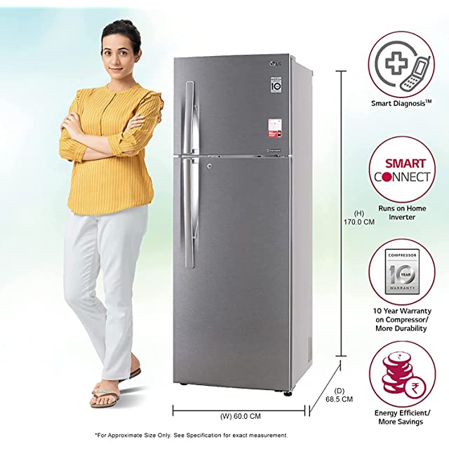 LG 335 L 3 Star Inverter Frost-Free Double Door Refrigerator (GL-T372JDS3, Dazzle Steel, Convertible)