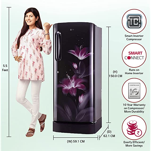 LG 235 L 4 Star Inverter Direct Cool Single Door Refrigerator (GL-D241APGY, Purple Glow, Base stand with drawer)