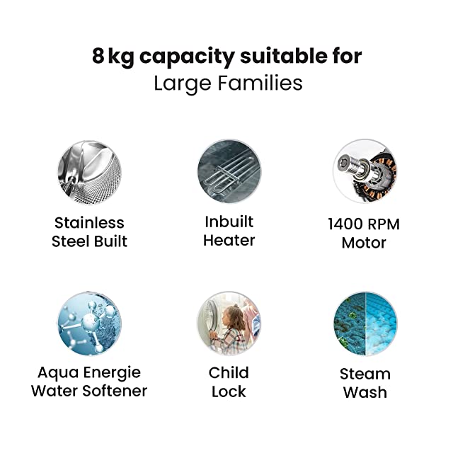 IFB 8kg 5 Star Fully-Automatic Front Loading Washing Machine (Senator WSS Steam, Silver, Inbuilt Heater, Aqua Energie Water Softener), Large