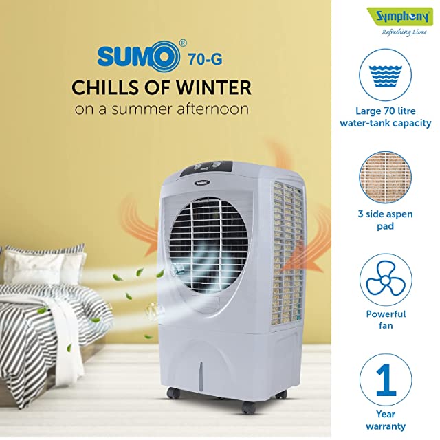 Symphony Sumo 70-G Desert Air Cooler For Home with Aspen Pads, Powerful Fan, Cool Flow Dispenser and Low Power Consumption (70L, Grey)
