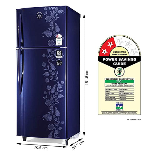 Godrej 255 L 2 Star Inverter Frost-Free Double Door Refrigerator with Jumbo Vegetable Tray (RF EON 255B 25 HI RY DR, Royal Dremin)