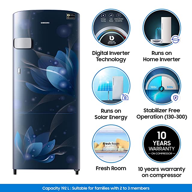 Samsung 192 L 3 star Inverter Direct Cool Single Door Refrigerator (RR20A1Y2YU8/HL, Saffron Blue)