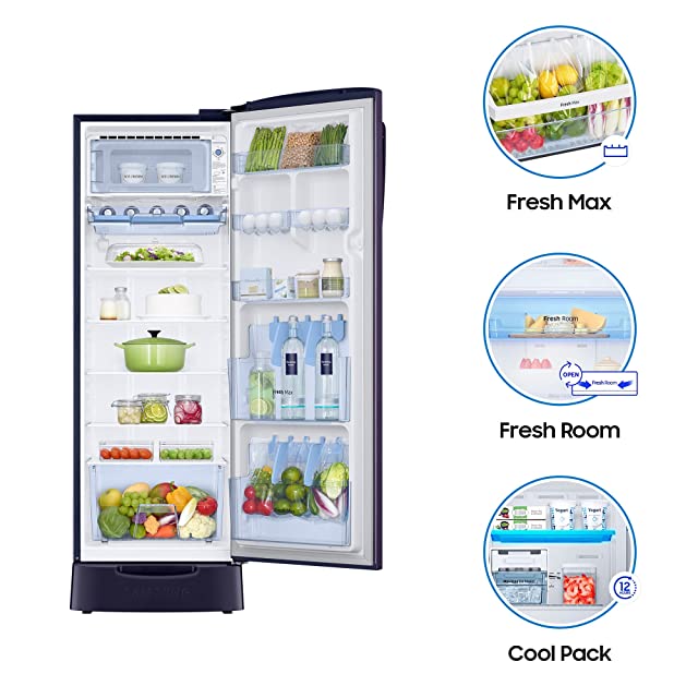 Samsung 255 L 3 Star Inverter Direct Cool Single Door Refrigerator(RR26T389YUT/HL, Pebble Blue, Base Stand with Drawer)