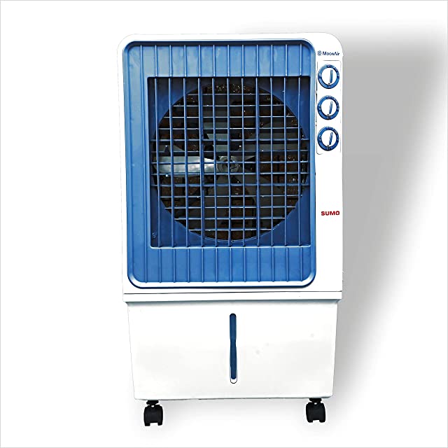 Moonair Plastic Sumo 65 Desert Air Cooler With 65 Liters Water Tank; 5 Fin Power Flow Blade; Castor Wheels For easy Movement; 4 Way Air Deflection; Low Power Consumption; 3 Speed; (65-L ,White)