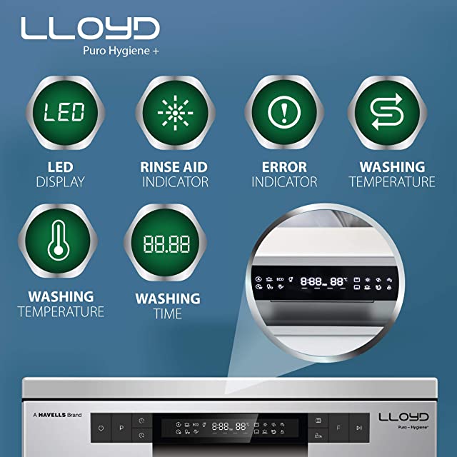Lloyd Puro Hygiene+ with Auto Open Dry (LDWF15PSA1TS, 15 Place Settings, 99% Germs Free with Sparkle Clean Technology, Infinity Drawer, Super Silent, Silver)