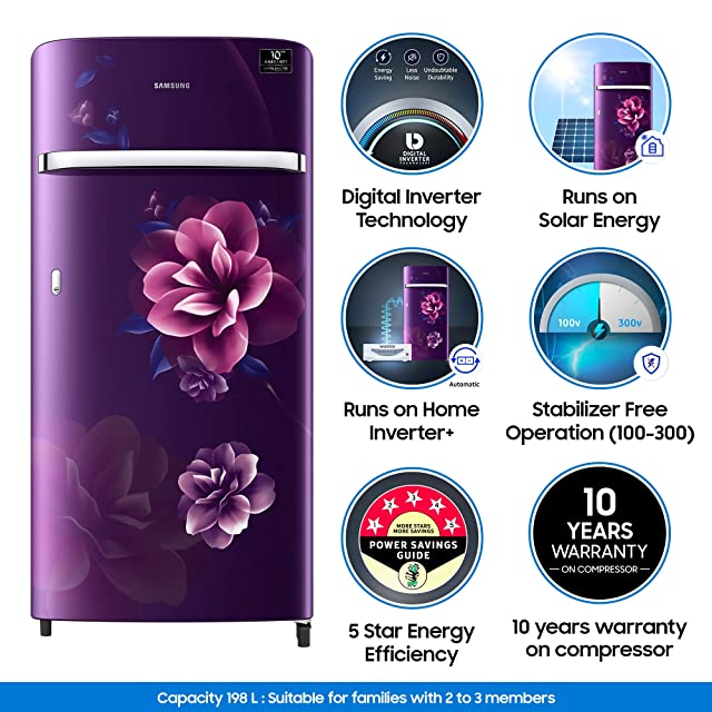 Samsung 198 L 5 Star Inverter Direct-Cool Single Door Refrigerator (RR21T2G2WCR/HL, Camellia Purple)