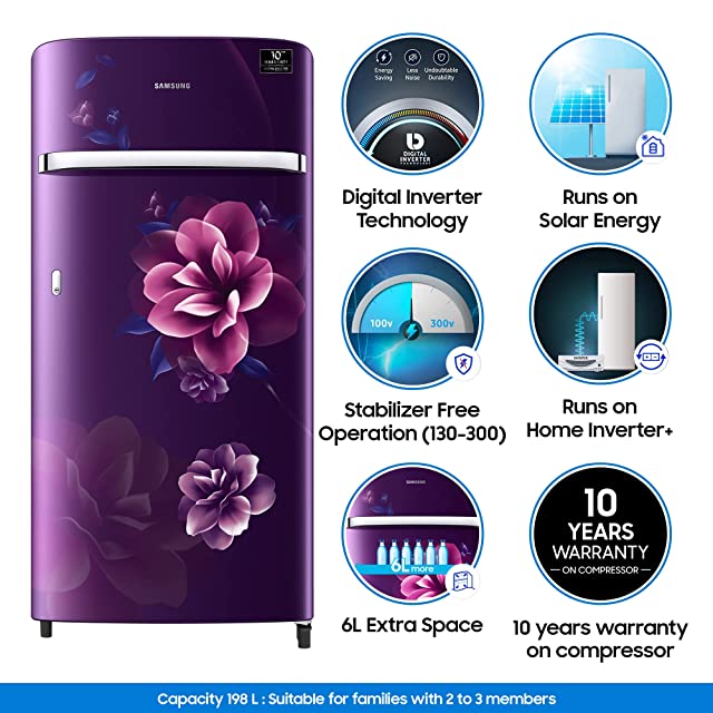Samsung 198 L 4 Star Inverter Direct-Cool Single Door Refrigerator (RR21T2G2XCR/HL, Camellia Purple)