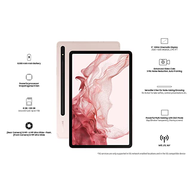Samsung Galaxy Tab S8 27.94 cm (11 inch) Display, RAM 8 GB, ROM 128 GB Expandable, S Pen in-Box, Wi-Fi+ 5G Tablet, Pink Gold