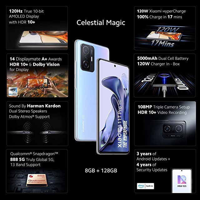 Xiaomi 11T Pro 5G Hyperphone(Celestial Magic,8GB RAM,128GB Storage)|SD 888|120W HyperCharge|6 Months Free Screen Replacement for Prime|Additional Exchange Offer|Get 3 Months of YouTube Premium Free!