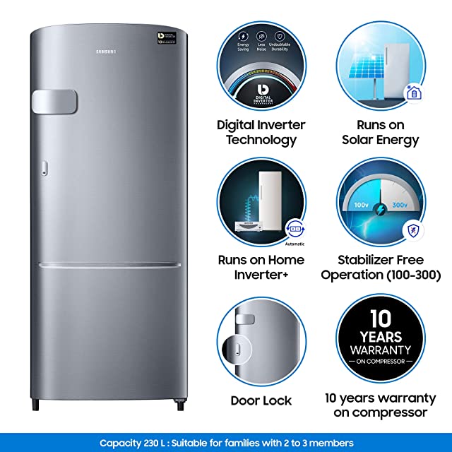 Samsung 230 L 3 Star Inverter Single Door Refrigerator (RR24A2Y2YS8/NL, Elegant Inox)