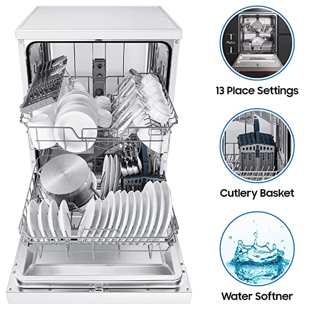 Samsung 13 Place Setting Freestanding Dishwasher with Intensive Wash (DW60M5042FW/TL, White, Stainless Steel Tub, Hygiene Clean, Height Adjustable Rack)