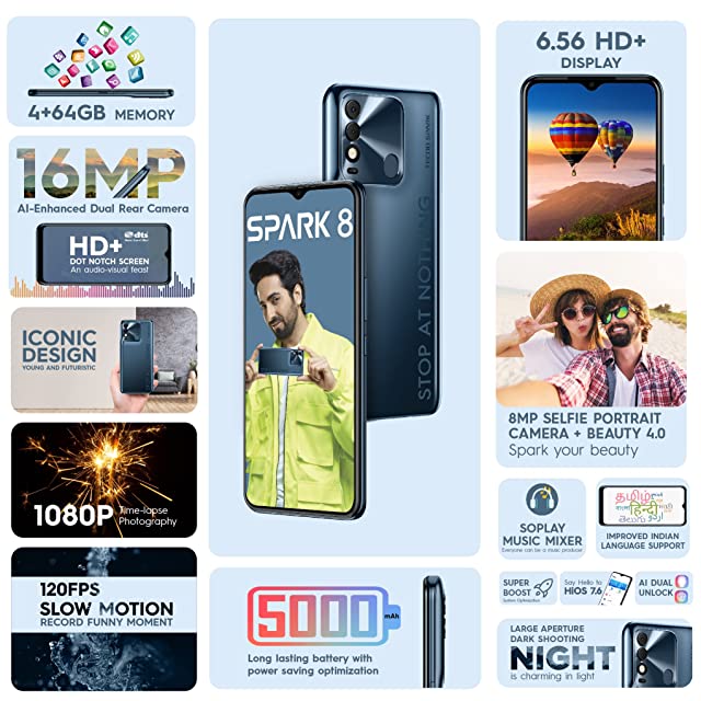 Tecno Spark 8 (Atlantic Blue, 4GB, 64GB Storage) | 16MP Dual AI Camera | New Metal Coding Design| 5000mAh | 8MP Selfie Camera with Dual Flashlight