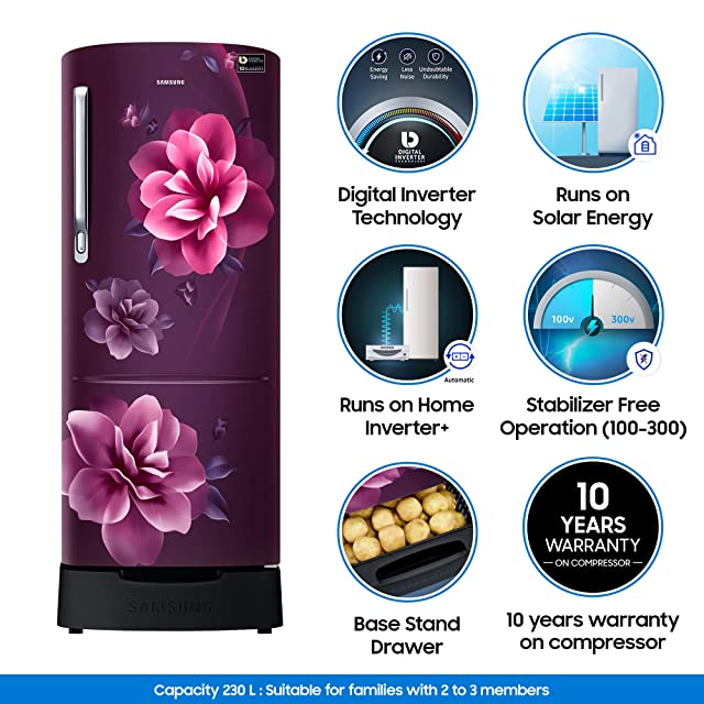 Samsung 230 L 3 Star Inverter Direct Cool Single Door Refrigerator(RR24T285YCR/NL, Camellia Purple, Base Stand with Drawer)