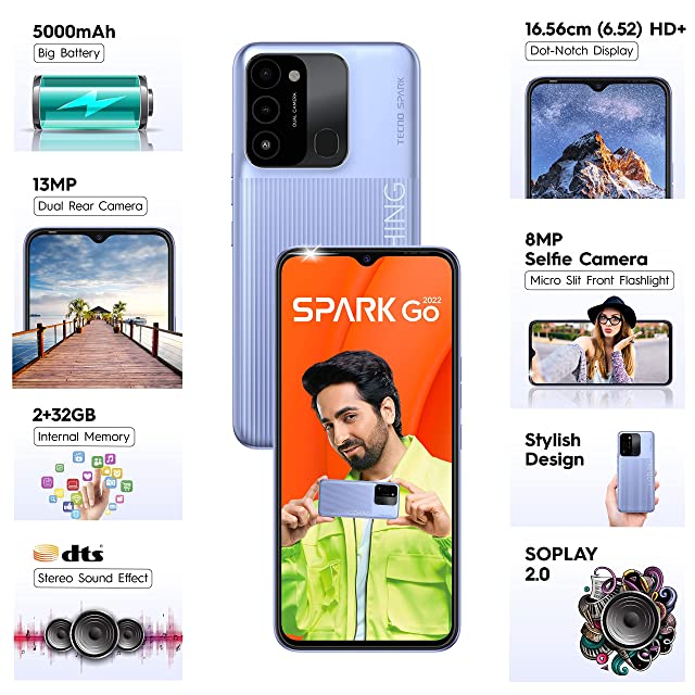 Tecno Spark Go 2022 (Turquoise Cyan, 2/32GB) | 5000mAh Battery| 6.52" HD+ Display | 13MP Dual Rear Camera| Front Flash| Stylish Design